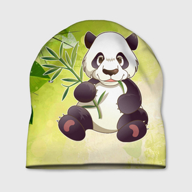 Шапка 3D с принтом Панда на фоне листьев , 100% полиэстер | универсальный размер, печать по всей поверхности изделия | 
