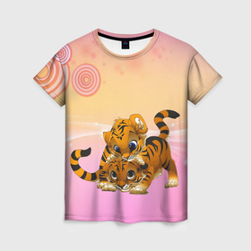 Женская футболка 3D с принтом Несколько тигрят играют вместе , 100% полиэфир ( синтетическое хлопкоподобное полотно) | прямой крой, круглый вырез горловины, длина до линии бедер | 