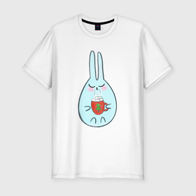 Мужская футболка хлопок Slim с принтом Кролик с кружкой кофе в Тюмени, 92% хлопок, 8% лайкра | приталенный силуэт, круглый вырез ворота, длина до линии бедра, короткий рукав | 