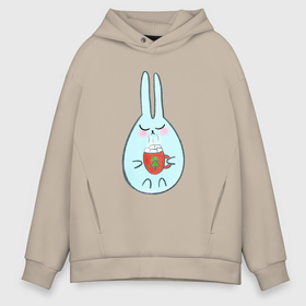 Мужское худи Oversize хлопок с принтом Кролик с кружкой кофе в Рязани, френч-терри — 70% хлопок, 30% полиэстер. Мягкий теплый начес внутри —100% хлопок | боковые карманы, эластичные манжеты и нижняя кромка, капюшон на магнитной кнопке | 