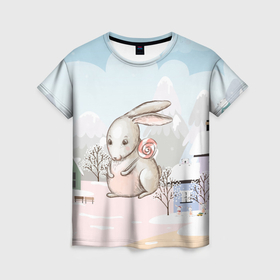 Женская футболка 3D с принтом Кролик с  леденцом в Екатеринбурге, 100% полиэфир ( синтетическое хлопкоподобное полотно) | прямой крой, круглый вырез горловины, длина до линии бедер | 