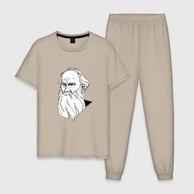 Мужская пижама хлопок с принтом Лев Толстой, графический портрет в Новосибирске, 100% хлопок | брюки и футболка прямого кроя, без карманов, на брюках мягкая резинка на поясе и по низу штанин
 | 