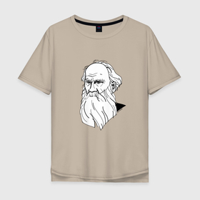 Мужская футболка хлопок Oversize с принтом Лев Толстой, графический портрет в Екатеринбурге, 100% хлопок | свободный крой, круглый ворот, “спинка” длиннее передней части | 