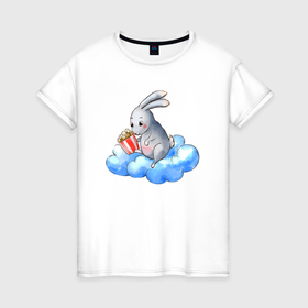 Женская футболка хлопок с принтом Заяц на облаке в Курске, 100% хлопок | прямой крой, круглый вырез горловины, длина до линии бедер, слегка спущенное плечо | 