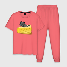 Мужская пижама хлопок с принтом Мышонок на сырке в Кировске, 100% хлопок | брюки и футболка прямого кроя, без карманов, на брюках мягкая резинка на поясе и по низу штанин
 | 