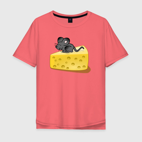 Мужская футболка хлопок Oversize с принтом Мышонок на сырке в Тюмени, 100% хлопок | свободный крой, круглый ворот, “спинка” длиннее передней части | 