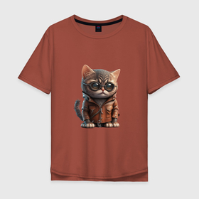 Мужская футболка хлопок Oversize с принтом Самый крутой кот в куртке , 100% хлопок | свободный крой, круглый ворот, “спинка” длиннее передней части | 