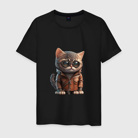 Мужская футболка хлопок с принтом Самый крутой кот в куртке , 100% хлопок | прямой крой, круглый вырез горловины, длина до линии бедер, слегка спущенное плечо. | 