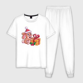 Мужская пижама хлопок с принтом Новогодний зайчик с подарком в Белгороде, 100% хлопок | брюки и футболка прямого кроя, без карманов, на брюках мягкая резинка на поясе и по низу штанин
 | 