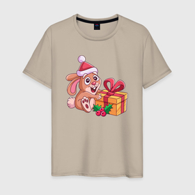 Мужская футболка хлопок с принтом Новогодний зайчик с подарком в Белгороде, 100% хлопок | прямой крой, круглый вырез горловины, длина до линии бедер, слегка спущенное плечо. | 