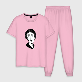 Мужская пижама хлопок с принтом Вирджиния Вулф, графический портрет , 100% хлопок | брюки и футболка прямого кроя, без карманов, на брюках мягкая резинка на поясе и по низу штанин
 | 