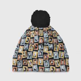 Шапка 3D c помпоном с принтом Марки с портретами писателей в Белгороде, 100% полиэстер | универсальный размер, печать по всей поверхности изделия | Тематика изображения на принте: 