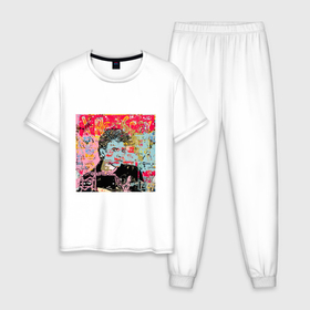 Мужская пижама хлопок с принтом David Bowie musician  singer в Кировске, 100% хлопок | брюки и футболка прямого кроя, без карманов, на брюках мягкая резинка на поясе и по низу штанин
 | 
