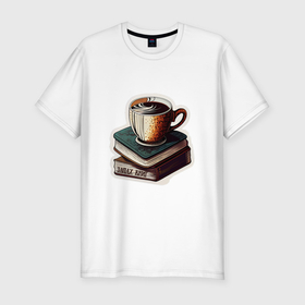 Мужская футболка хлопок Slim с принтом Книги и кофе, запах книг в Санкт-Петербурге, 92% хлопок, 8% лайкра | приталенный силуэт, круглый вырез ворота, длина до линии бедра, короткий рукав | Тематика изображения на принте: 
