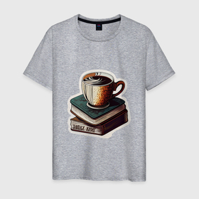 Мужская футболка хлопок с принтом Книги и кофе, запах книг в Санкт-Петербурге, 100% хлопок | прямой крой, круглый вырез горловины, длина до линии бедер, слегка спущенное плечо. | Тематика изображения на принте: 