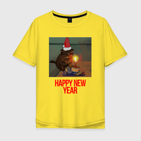 Мужская футболка хлопок Oversize с принтом Новогодний грустный котик в Петрозаводске, 100% хлопок | свободный крой, круглый ворот, “спинка” длиннее передней части | 