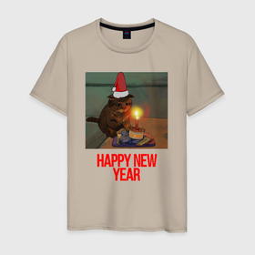 Мужская футболка хлопок с принтом Новогодний грустный котик в Петрозаводске, 100% хлопок | прямой крой, круглый вырез горловины, длина до линии бедер, слегка спущенное плечо. | 