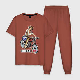 Мужская пижама хлопок с принтом Красивая девушка на мотоцикле Ducati   retro в Петрозаводске, 100% хлопок | брюки и футболка прямого кроя, без карманов, на брюках мягкая резинка на поясе и по низу штанин
 | 