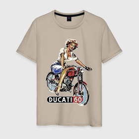 Мужская футболка хлопок с принтом Красивая девушка на мотоцикле Ducati   retro в Тюмени, 100% хлопок | прямой крой, круглый вырез горловины, длина до линии бедер, слегка спущенное плечо. | 