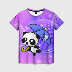 Женская футболка 3D с принтом Панда с зонтиком бежит в гости в Тюмени, 100% полиэфир ( синтетическое хлопкоподобное полотно) | прямой крой, круглый вырез горловины, длина до линии бедер | 