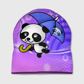Шапка 3D с принтом Панда с зонтиком бежит в гости , 100% полиэстер | универсальный размер, печать по всей поверхности изделия | 