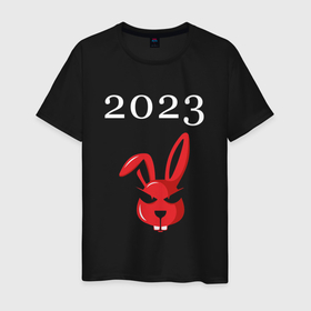 Мужская футболка хлопок с принтом Кролик 2023 суровый: символ и надпись , 100% хлопок | прямой крой, круглый вырез горловины, длина до линии бедер, слегка спущенное плечо. | 
