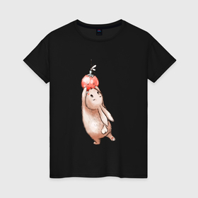 Женская футболка хлопок с принтом зайчик и елочная игрушка в Курске, 100% хлопок | прямой крой, круглый вырез горловины, длина до линии бедер, слегка спущенное плечо | 