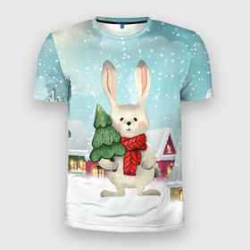 Мужская футболка 3D Slim с принтом Новый год зайчик с елкой в Екатеринбурге, 100% полиэстер с улучшенными характеристиками | приталенный силуэт, круглая горловина, широкие плечи, сужается к линии бедра | 