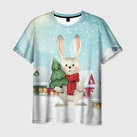 Мужская футболка 3D с принтом Новый год зайчик с елкой , 100% полиэфир | прямой крой, круглый вырез горловины, длина до линии бедер | 