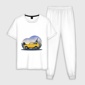 Мужская пижама хлопок с принтом Lada Niva 4x4 в Петрозаводске, 100% хлопок | брюки и футболка прямого кроя, без карманов, на брюках мягкая резинка на поясе и по низу штанин
 | Тематика изображения на принте: 