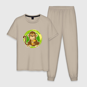 Мужская пижама хлопок с принтом Мультяшная обезьяна с бананом в Петрозаводске, 100% хлопок | брюки и футболка прямого кроя, без карманов, на брюках мягкая резинка на поясе и по низу штанин
 | 