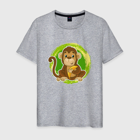 Мужская футболка хлопок с принтом Мультяшная обезьяна с бананом в Петрозаводске, 100% хлопок | прямой крой, круглый вырез горловины, длина до линии бедер, слегка спущенное плечо. | 