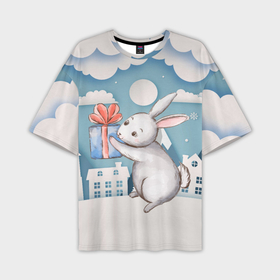 Мужская футболка oversize 3D с принтом Новогодний заяц держит подарок в Петрозаводске,  |  | 