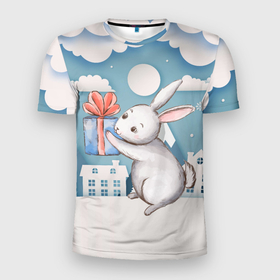 Мужская футболка 3D Slim с принтом Новогодний заяц держит подарок в Новосибирске, 100% полиэстер с улучшенными характеристиками | приталенный силуэт, круглая горловина, широкие плечи, сужается к линии бедра | Тематика изображения на принте: 