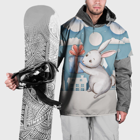 Накидка на куртку 3D с принтом Новогодний заяц держит подарок в Новосибирске, 100% полиэстер |  | Тематика изображения на принте: 