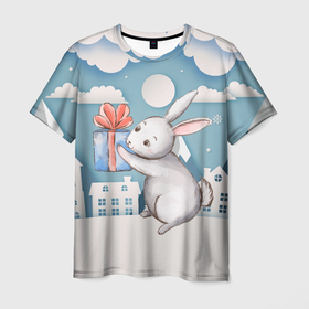 Мужская футболка 3D с принтом Новогодний заяц держит подарок , 100% полиэфир | прямой крой, круглый вырез горловины, длина до линии бедер | 