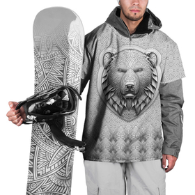 Накидка на куртку 3D с принтом Медведь чёрно белый барельеф с этническим орнаментом в Новосибирске, 100% полиэстер |  | 