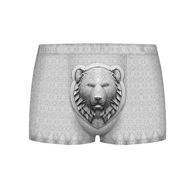 Мужские трусы 3D с принтом Медведь чёрно белый барельеф с этническим орнаментом в Курске, 50% хлопок, 50% полиэстер | классическая посадка, на поясе мягкая тканевая резинка | Тематика изображения на принте: 