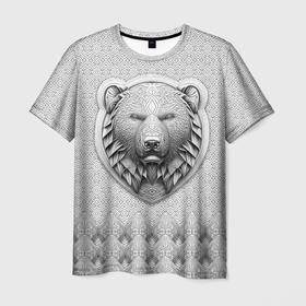 Мужская футболка 3D с принтом Медведь чёрно белый барельеф с этническим орнаментом в Петрозаводске, 100% полиэфир | прямой крой, круглый вырез горловины, длина до линии бедер | 