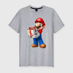 Мужская футболка хлопок Slim с принтом Марио держит подарок , 92% хлопок, 8% лайкра | приталенный силуэт, круглый вырез ворота, длина до линии бедра, короткий рукав | 