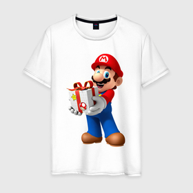 Мужская футболка хлопок с принтом Марио держит подарок в Белгороде, 100% хлопок | прямой крой, круглый вырез горловины, длина до линии бедер, слегка спущенное плечо. | 