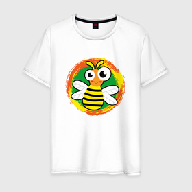Мужская футболка хлопок с принтом Смешная мультяшная пчела в Кировске, 100% хлопок | прямой крой, круглый вырез горловины, длина до линии бедер, слегка спущенное плечо. | 