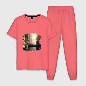 Мужская пижама хлопок с принтом Солнечный день в Японии в Тюмени, 100% хлопок | брюки и футболка прямого кроя, без карманов, на брюках мягкая резинка на поясе и по низу штанин
 | 