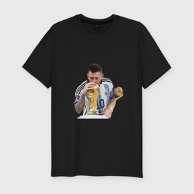 Мужская футболка хлопок Slim с принтом Лео Месси целует кубок мира в Кировске, 92% хлопок, 8% лайкра | приталенный силуэт, круглый вырез ворота, длина до линии бедра, короткий рукав | 
