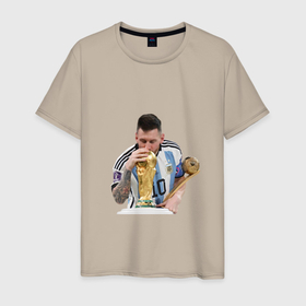 Мужская футболка хлопок с принтом Лео Месси целует кубок мира в Кировске, 100% хлопок | прямой крой, круглый вырез горловины, длина до линии бедер, слегка спущенное плечо. | 