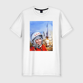 Мужская футболка хлопок Slim с принтом Юрий Гагарин на космодроме в Санкт-Петербурге, 92% хлопок, 8% лайкра | приталенный силуэт, круглый вырез ворота, длина до линии бедра, короткий рукав | Тематика изображения на принте: 