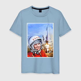 Мужская футболка хлопок с принтом Юрий Гагарин на космодроме в Санкт-Петербурге, 100% хлопок | прямой крой, круглый вырез горловины, длина до линии бедер, слегка спущенное плечо. | Тематика изображения на принте: 