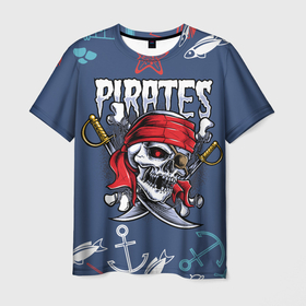 Мужская футболка 3D с принтом Пиратский череп в бандане , 100% полиэфир | прямой крой, круглый вырез горловины, длина до линии бедер | 