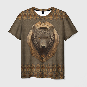 Мужская футболка 3D с принтом Волк объёмный барельеф с этническим орнаментом в Курске, 100% полиэфир | прямой крой, круглый вырез горловины, длина до линии бедер | 
