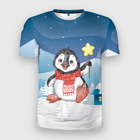 Мужская футболка 3D Slim с принтом Новогодний пингвин в Кировске, 100% полиэстер с улучшенными характеристиками | приталенный силуэт, круглая горловина, широкие плечи, сужается к линии бедра | 